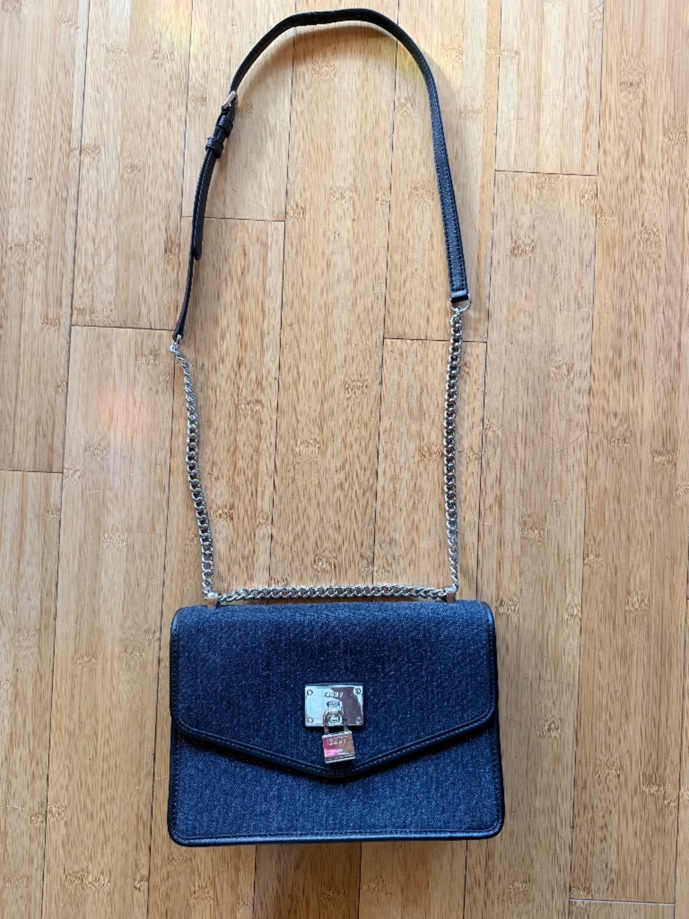 DKNY Dark Blue Denim Shoulder Bag Gold Lock Chain Strap Crossbody Excellent